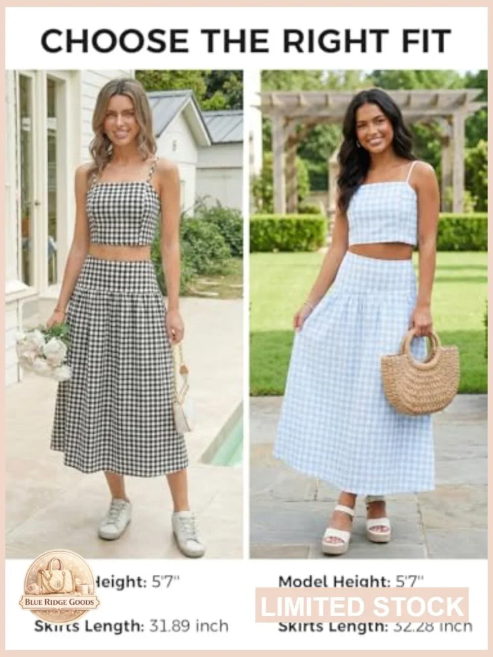 Gingham Crop Tank Midi Skirt Set Vacation Travel Outfits Matching Co Ord